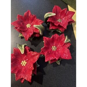 4 Cracker Barrel Plates, Season Of Peace Ceramic Poinsettia Tea Light Candy Dish